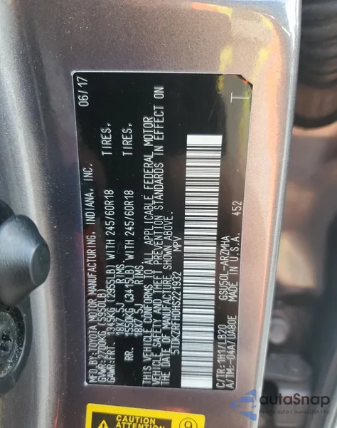 2017 Toyota Highlander Se from USA, damaged, VIN 5TDKZRFH0HS221932